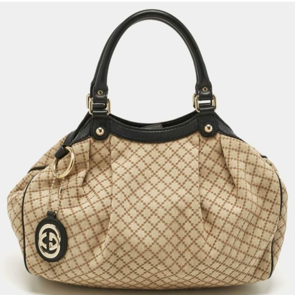 Gucci Beige and Brown Monogram Satchel with Black Leather Trim